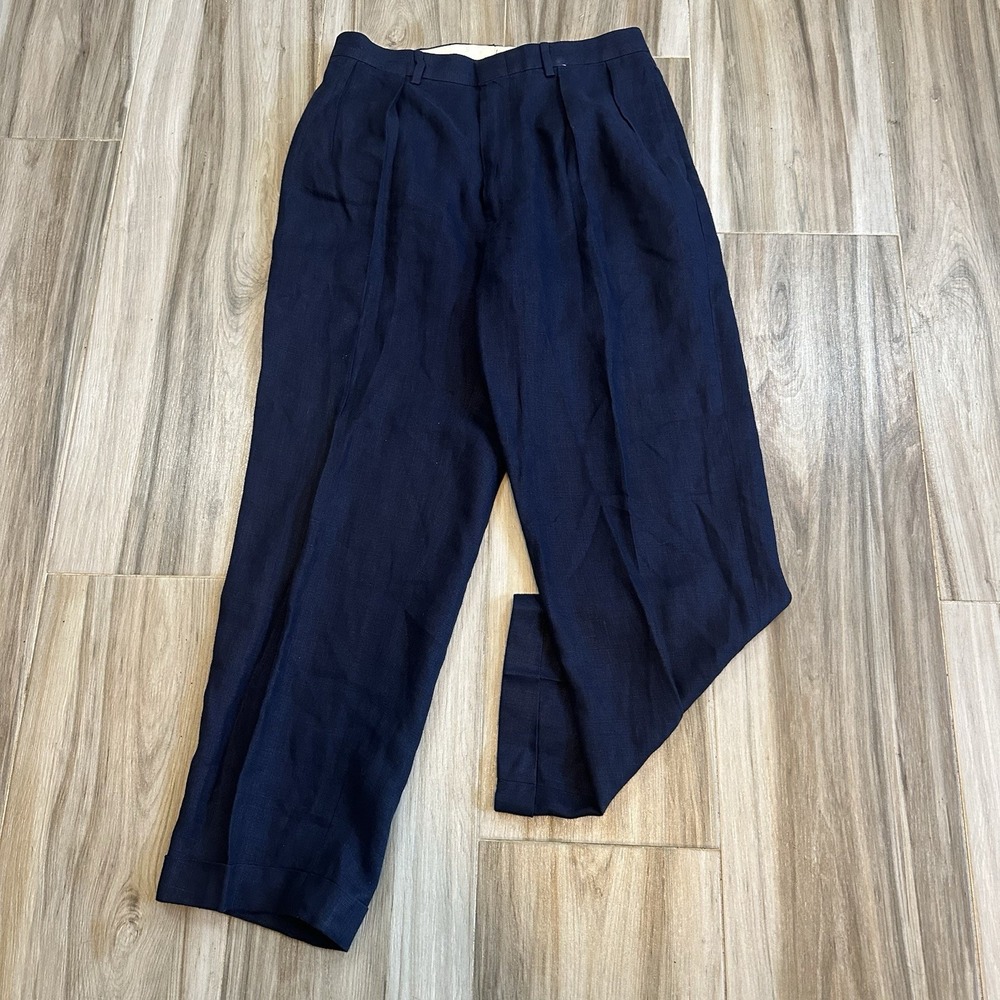 VTG Polo Ralph Lauren Pants Linen Dress 34x29 Navy Pleated Trousers Preppy